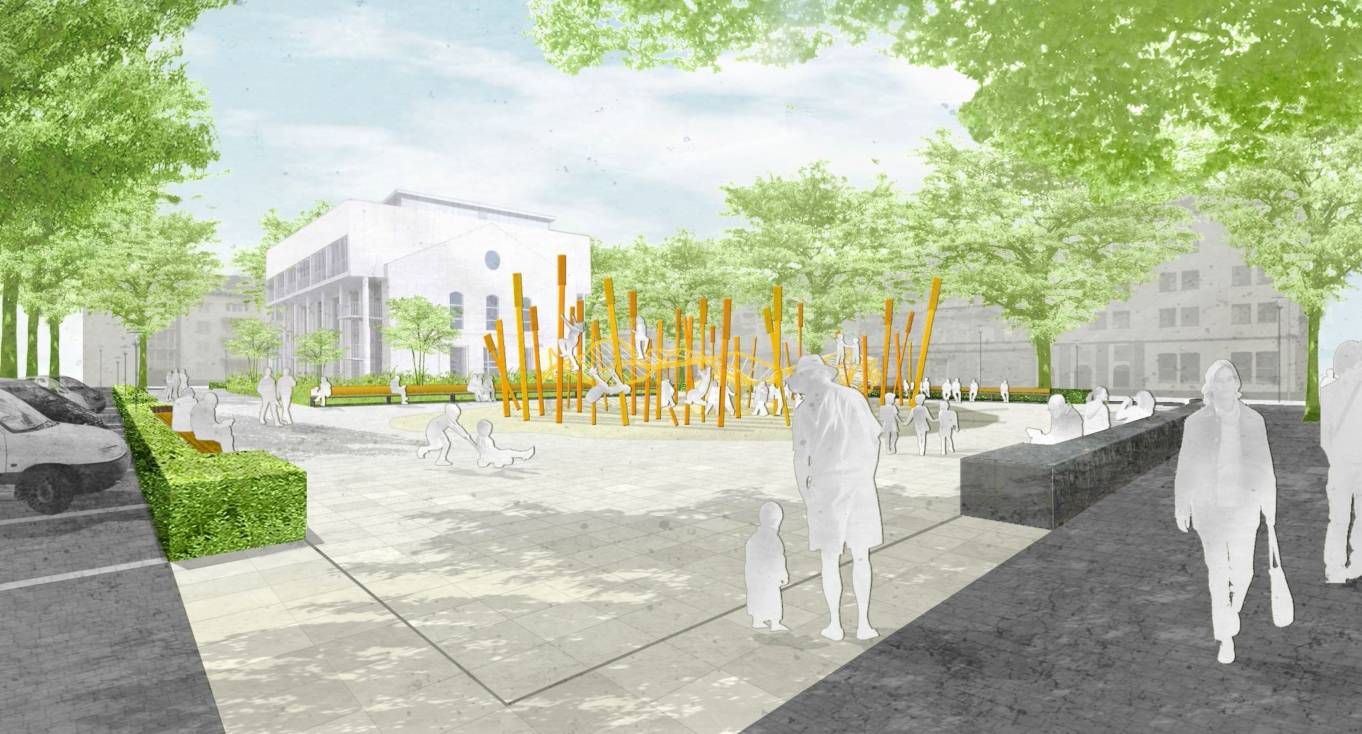 Geplante Ansicht auf den Spielbereich des neu gestalteten Blumenplatzes.