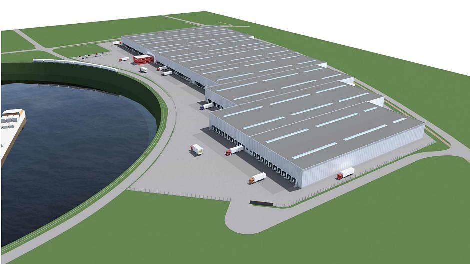  Ganz schön groß: Das geplante Logistikzentrum am Wendebecken des Krefelder Hafens. 