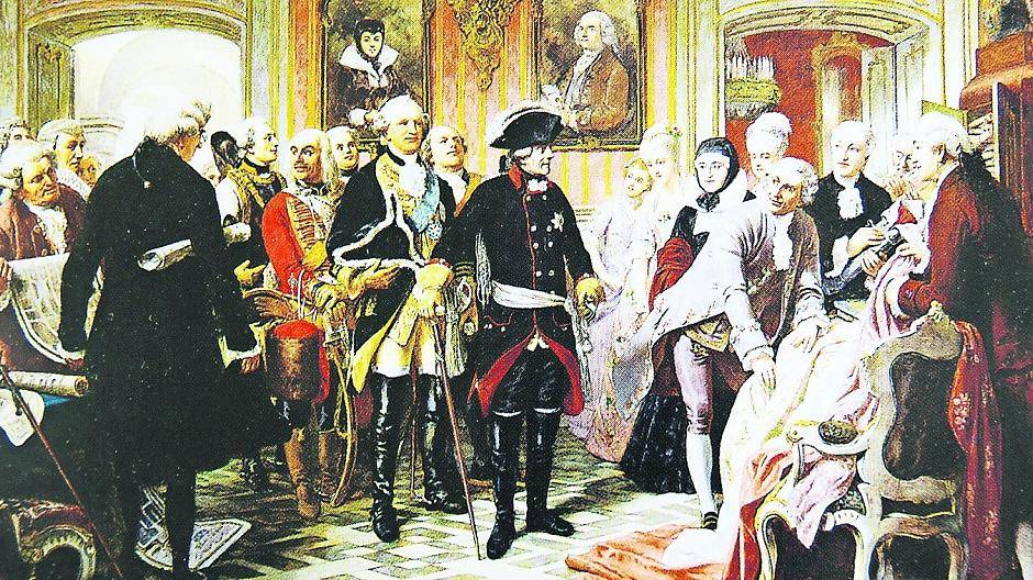  Hoher Besuch in Krefeld: Nicht nur heutige Besucher schätzen die Qualitäten der Seidenstadt. Schon Friedrich der Große nahm von seinen Visiten 1751 und 1763 wertvolle Anregungen mit. Vor allem die Produkte der hiesigen Seidenbarone fanden sein Interesse, wie dieses zeitgenössische Gemälde zeigt. Repro: Stadt Krefeld 