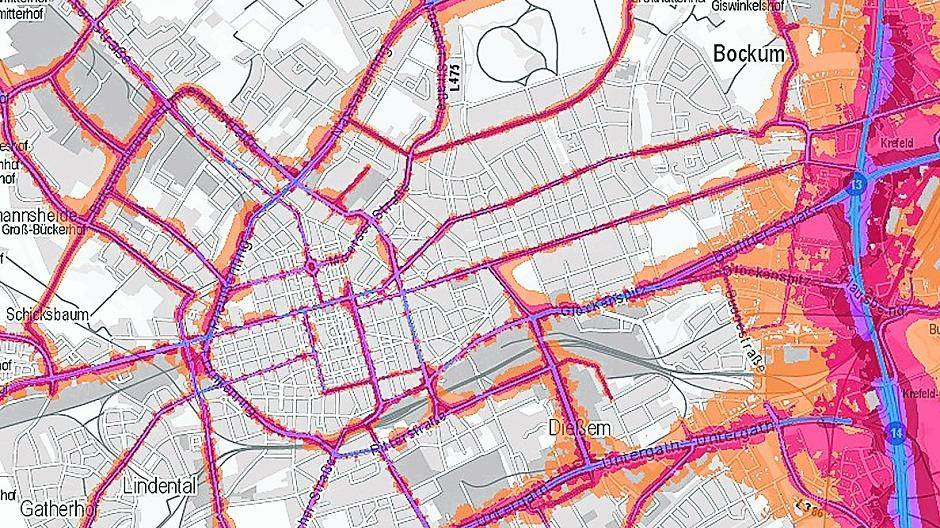 Straßenlärmbelastung zwischen Innenstadt, Bockum und A57.