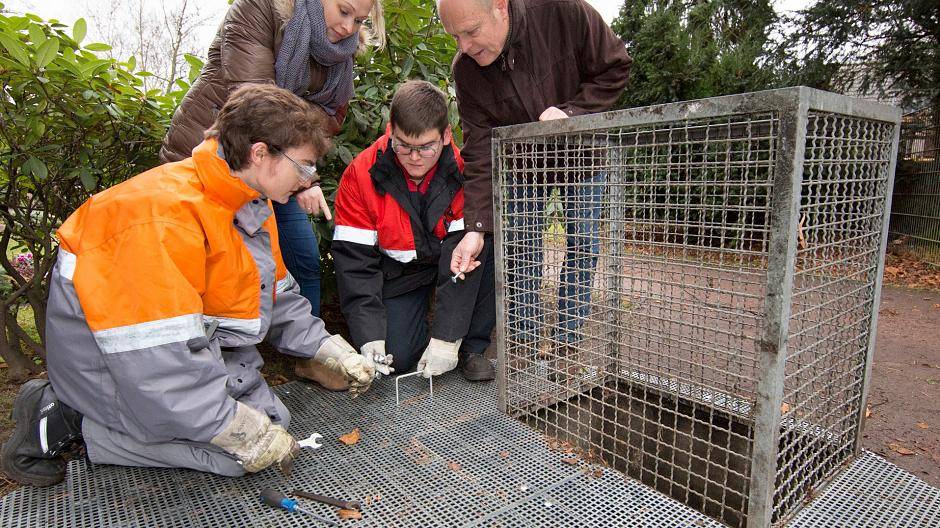  Die Auszubildenden Marcel Krause (Currenta) und Mijo Peric (Lanxess) (vorne, kniend, v. l.) beim Anbringen eines in der Currenta-Ausbildungswerkstatt angefertigten Gitterrostes über einer Grünschnittgrube auf dem Uerdinger Friedhof; ebenfalls im Bild: Janine Michels (Sachgebietsleiterin Zentrale Friedhofsdienste) und Bernd Kraft. 