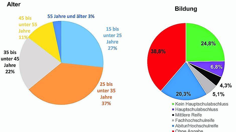 Die Grafik zeigt das Alter und den Bildungsstand der geflüchteten Menschen. Zwar sind rund 64 Prozent bis zu 35 Jahre, aber über 63 Prozent haben nicht mal einen Hauptschulabschluss.