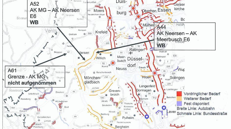 Diese Karte zeigt die Übersicht der geplanten Straßenbaumaßnahmen des Bundesverkehrswegeplans für den Kreis Viersen.