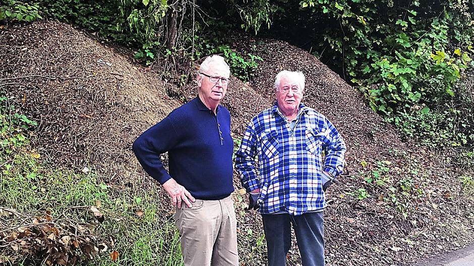  Karl Schuhtek (links) und Paul Rook sind sauer. Dort, wo mal ein schöner, grüner, blühender und bewachsender Bahndamm war, der von Karl Schutek seit 1960 gepflegt wurde, türmen sich nun Berge von gehäckseltem Grün, dass die Mitarbeiter der Rheinbahn einfach haben liegen lassen. 