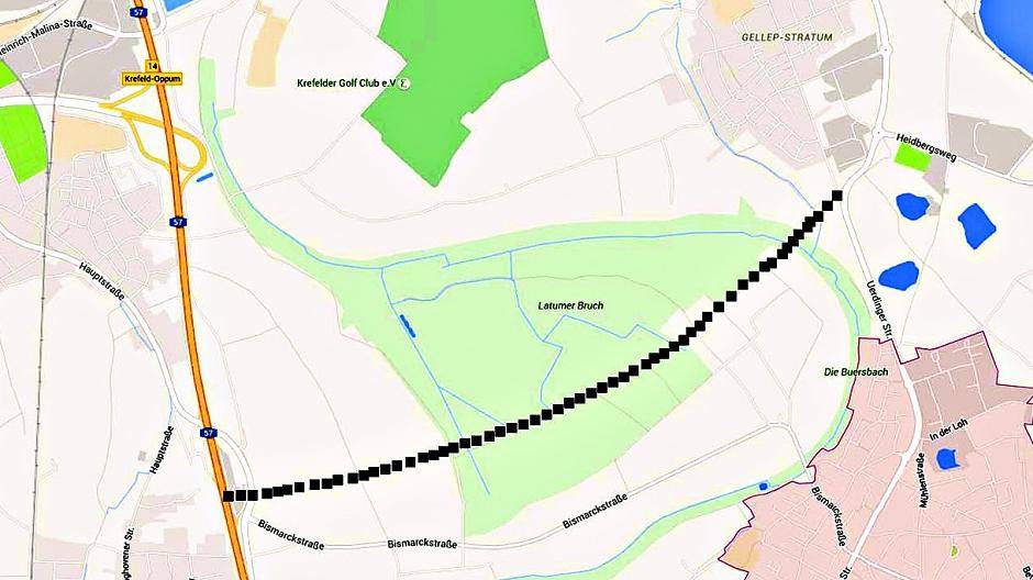  Unsere Grafik zeigt den Latumer Bruch. Die schwarze Linie zeigt dabei die geplante Trasse, die mitten durch den Bruch führt und ihn in zwei Hälften Teilen würde. 