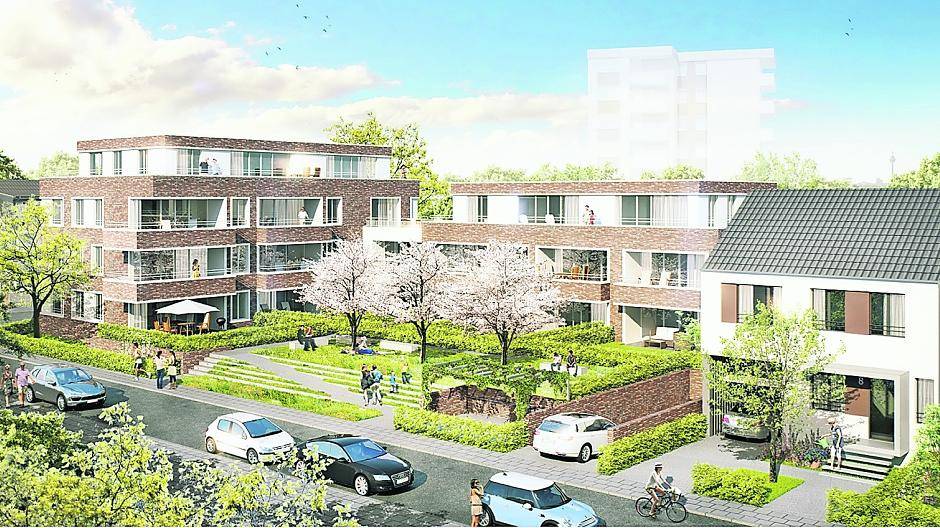 Der Entwurf des Düsseldorfer Büros Konrath und Wennemar — hier eine Ansicht des geplanten Wohnkomplexes vom Amselweg aus - überzeugte die Juroren unter anderem wegen des angedachten Vorplatzes mit viel Grün. Repro: Konrath und Wennemar