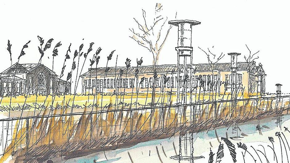 Wasserwerk und Halle 4 im Stahlwerk Becker, gesehen von der Wasserachse aus.