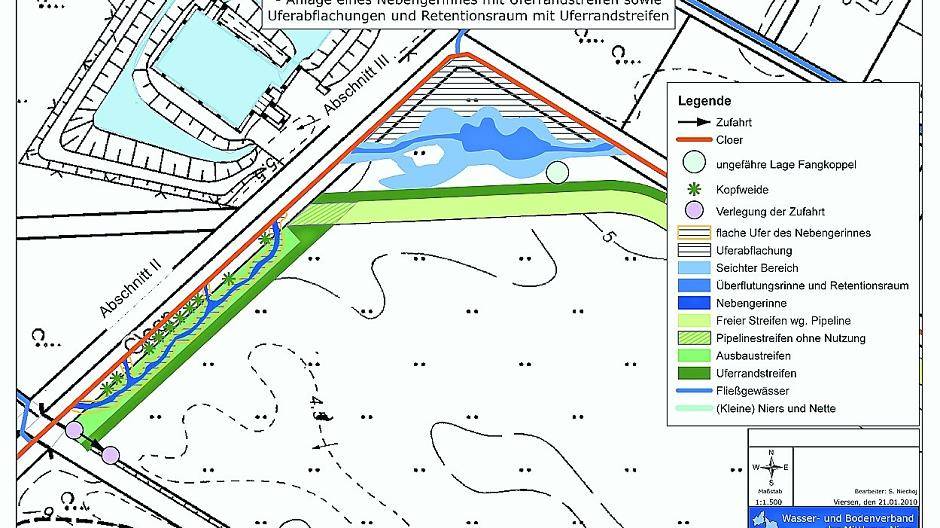 Auch ein Nebengerinne und ein Überflutungsbereich sind im Zuge des naturnahen Ausbaus der Cloer im Bereich Bettrather Dyck vorgesehen. Plan: WBMN