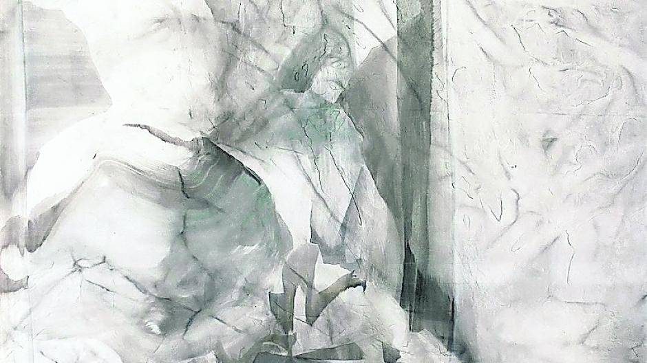 Zum Bild: „Ohne Titel“, 2015, Tusche und Öl auf Nylon.