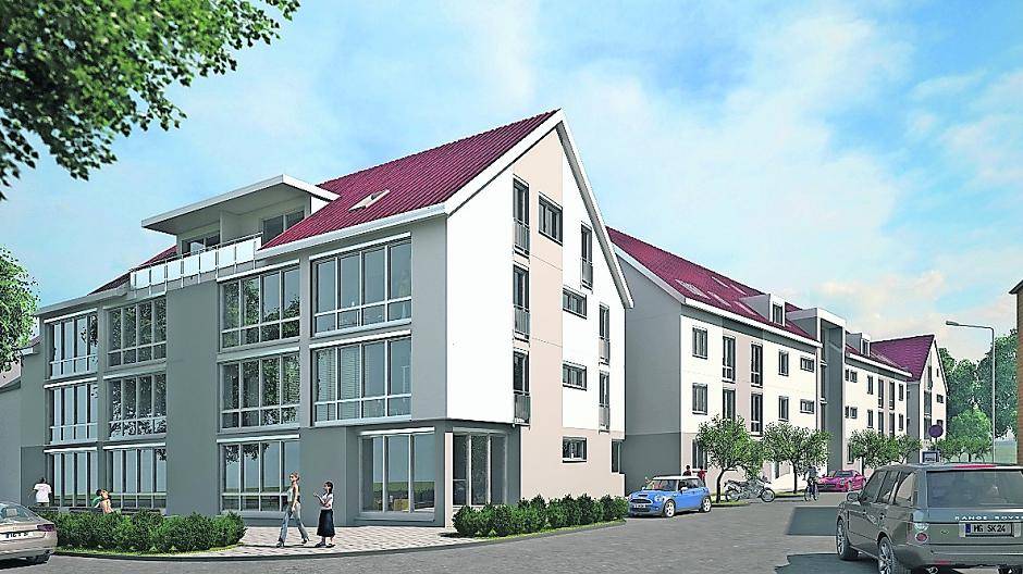 So soll die fertige Klimaschutzsiedlung in Viersen aussehen. Derzeit stehen hier noch die Gebäude Oststraße 2-20 sowie Krefelder Straße 104. Das Bild simuliert die zukünftige Ansicht von der Krefelder Straße in die Oststraße in Richtung Hülsdonk.