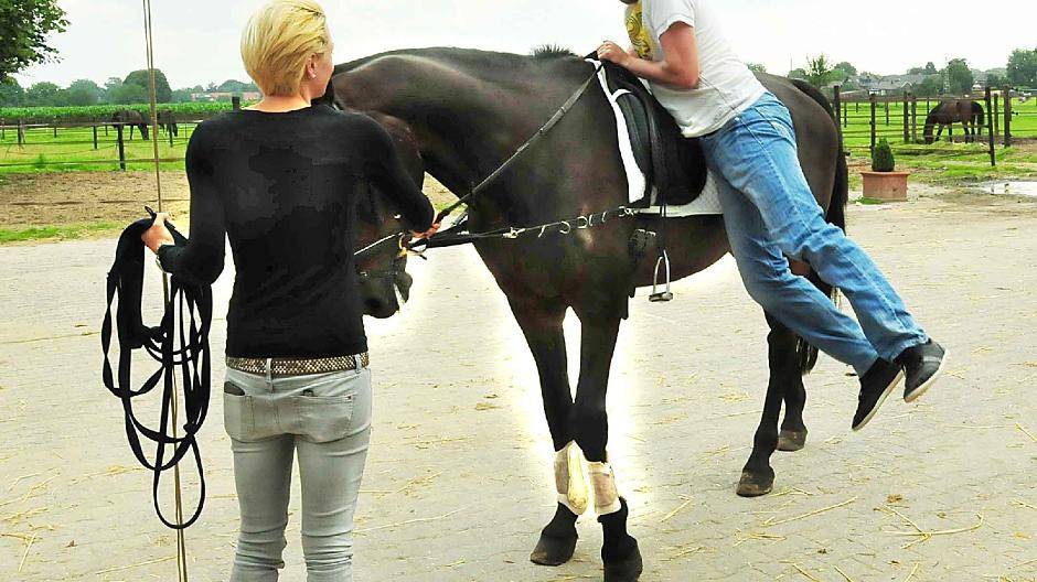 Am Anfang schaue ich noch ein wenig skeptisch auf „mein“ Pferd (oben), am Ende hüpfe ich mehr oder weniger elegant hinunter.