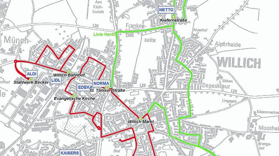 Der Rewe im Willicher Stadtkern baut um. Aber keine Panik: Eine Fahrt mit dem Bürgerbus kostet 80 Cent. Alle anderen Geschäfte sind immer noch gut zu erreichen.