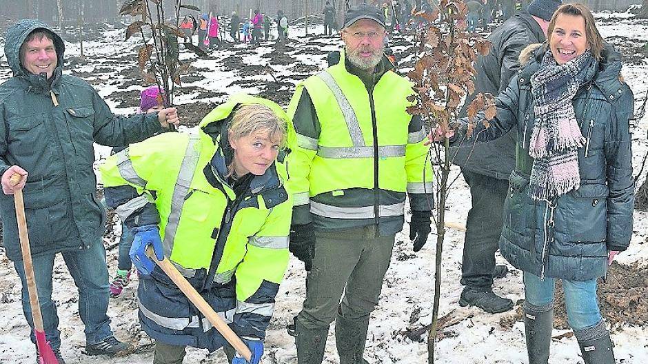  Bei der Pflanzaktion auf den Süchtelner Höhen (v.l.): Markus Kampe (Fachbereichsleiter Städtische Betriebe), Susanne Fritzsche (Technische Beigeordnete), Rainer Kammann (Stadtförster) und Bürgermeisterin Sabine Anemüller. 