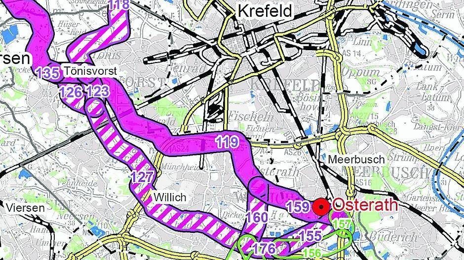 Auf diesem Kartenausschnitt von Amprion sind die beiden möglichen Trassen und ihre Führung durch Willich gut zu erkennen. Der Volltontrasse gibt Amprion den Vorzug. Karte: Amprion
