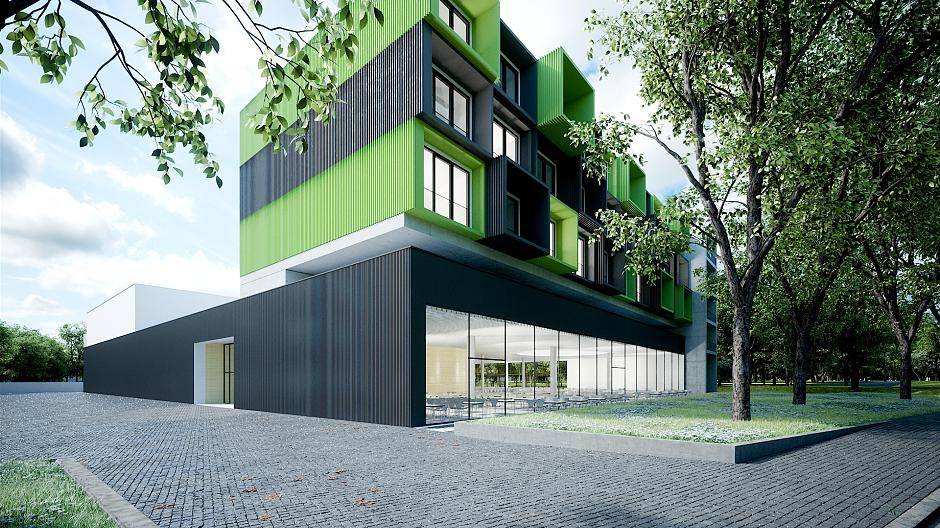 Der neue Entwurf für den Mensaneubau mit Studentwohnheim auf dem Dach.
