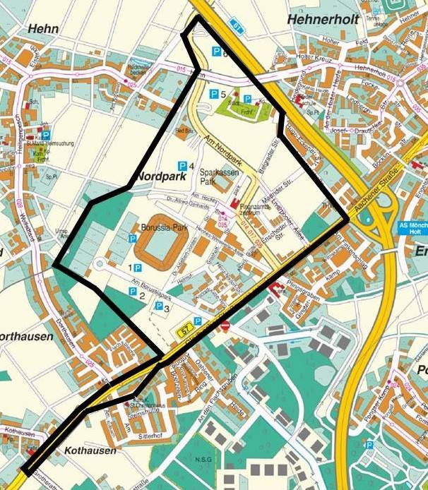 Hier gilt das Dosen-, Gläser- und Flaschenverbot beim Saisonfinale gegen den BVB. Karte: Stadt Mönchengladbach