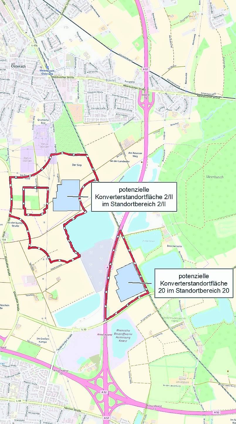 Auf der von Amprion bereitgestellten Karte sind beide Flächen gut zu sehen: der Standort Osterath und der Standort Kaarst. Kaarst ist allerdings weiterhin als Kiesfläche festgeschrieben. Ein Zuweisung, von der die Politik nicht abrücken will.