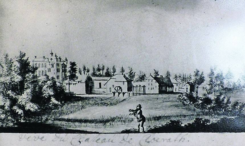 Haus Clörath mit Mühlen und Wirtschaftsgebäuden auf einem Stich von 1730. Zeichnung: Renier Roidkin