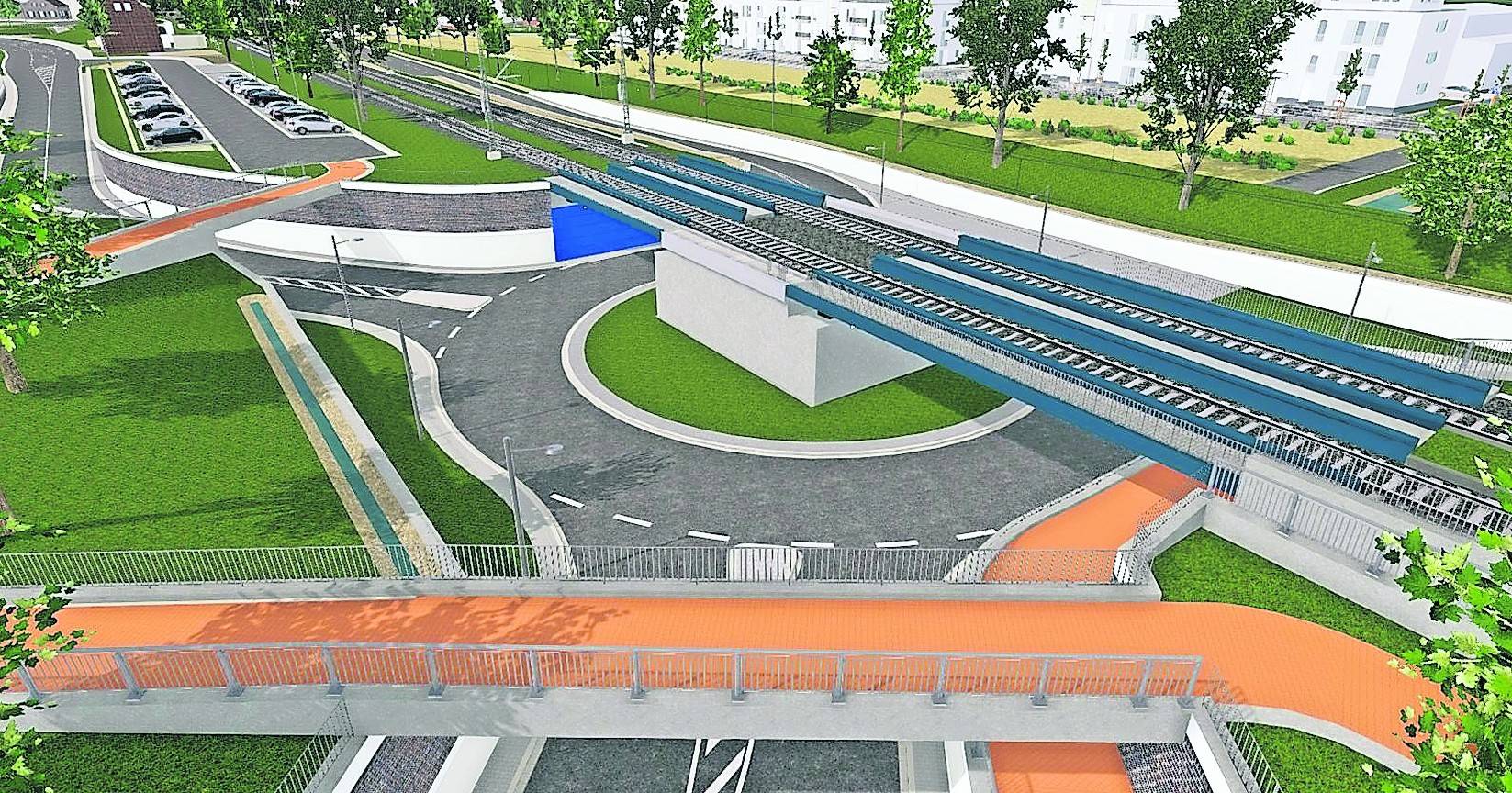 So soll die Bahnunterführung mit Kreisverkehr in Osterath aussehen. Bis 2023 sollen die Arbeiten abgeschlossen sein.Grafik: DB Netz AG 