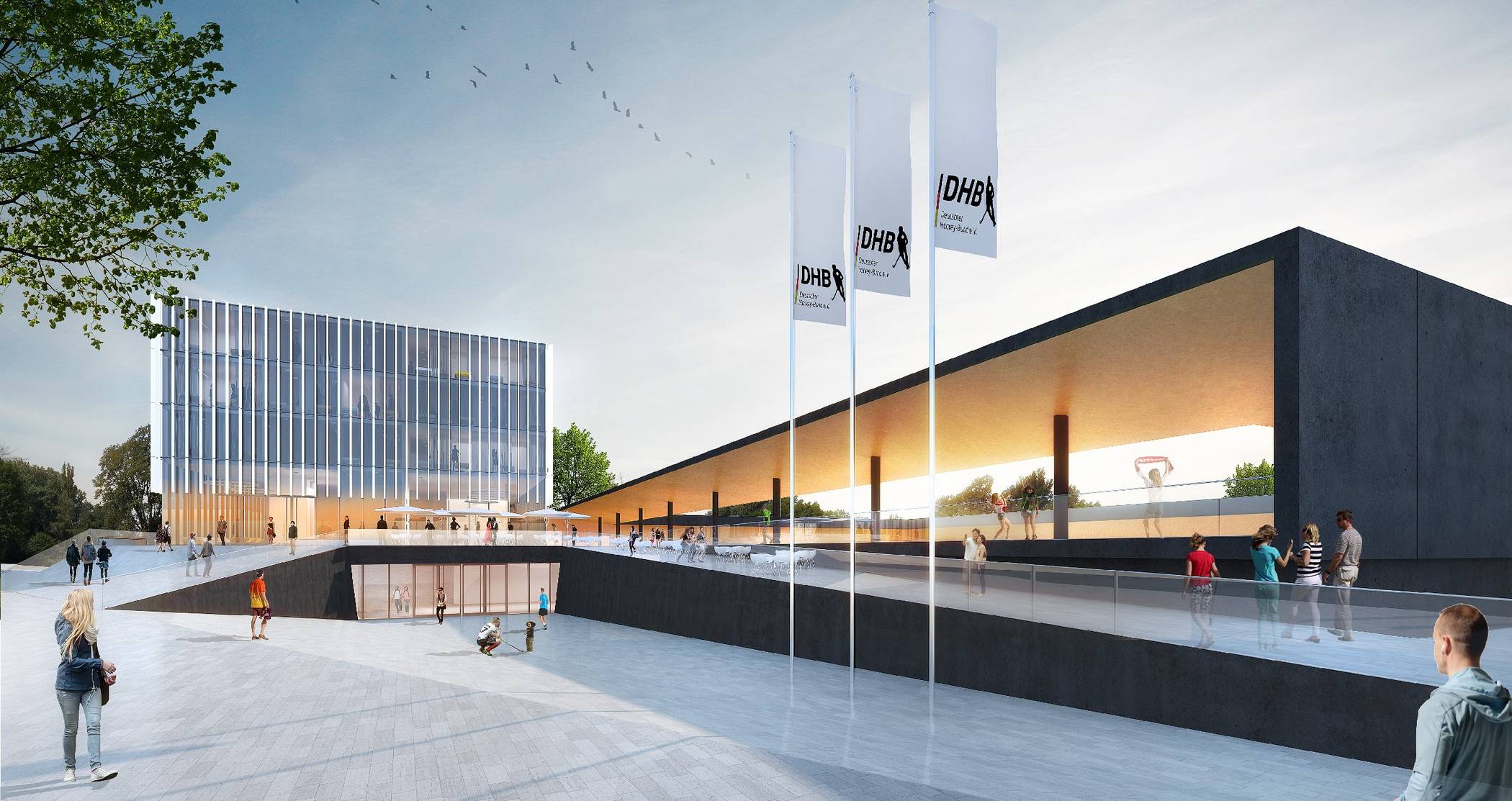 Eine Gruppe namhafter Architekten, Hockey-Kenner und Gastronomen hat diesen Entwurf für ein Hockey-Leistungszentrum konzipiert. Warum es an der Politik vorbei in der Schublade verschwand, weiß keiner. Grafik: Bouke Stoffelsma