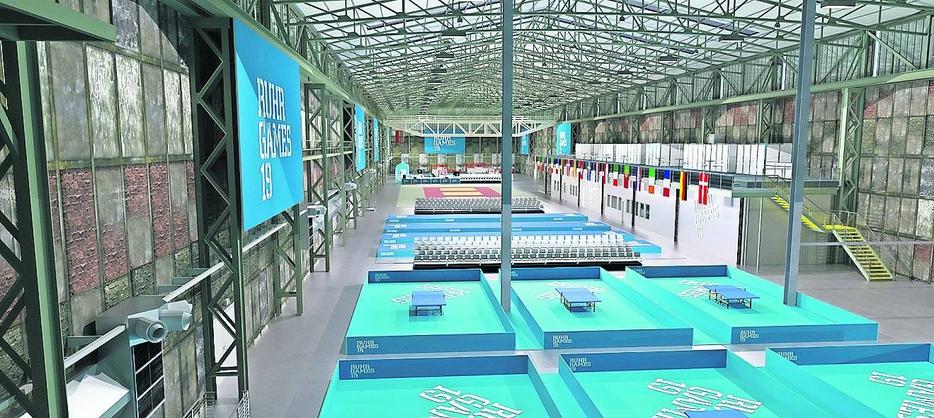  So wird sie ab morgen von innen aussehen, die Kraftzentrale im Landschaftspark. Hier wird eine Multi-Sport-Arena aufgebaut. Visualisierung: Ruhr Games 