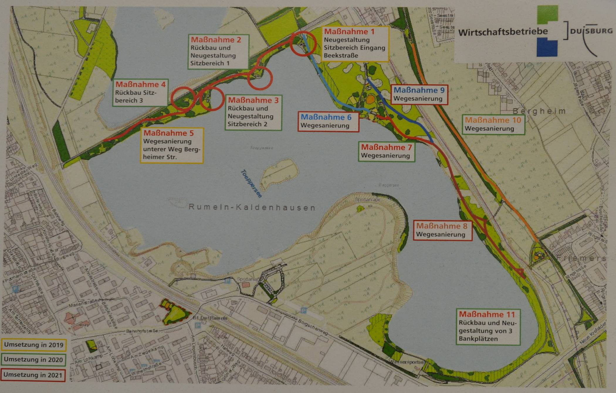 Die Wirtschaftsbetriebe werden bis 2021 die umfassende Sanierung der Wege am Toeppersee durchführen. „Maßnahme 8“ soll entsprechend der Bürgereingabe ergänzt und vorgezogen werden.