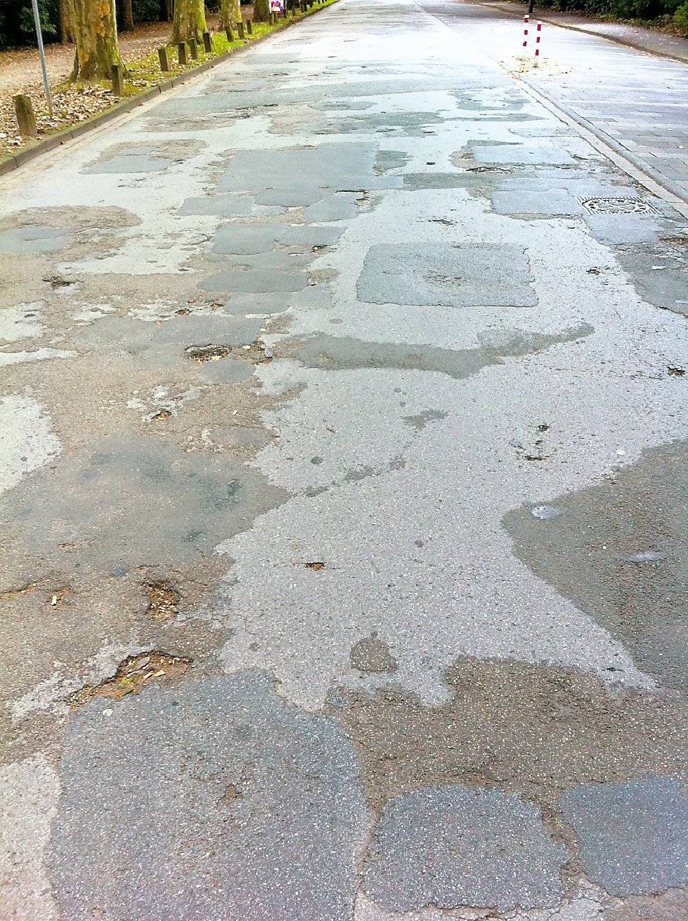 Der hintere Teil der Gartenstraße, etwa ab Volksparkstadion in Rheinhausen, gleicht einem mit Schlaglöchern durchwebten Flickenteppich.