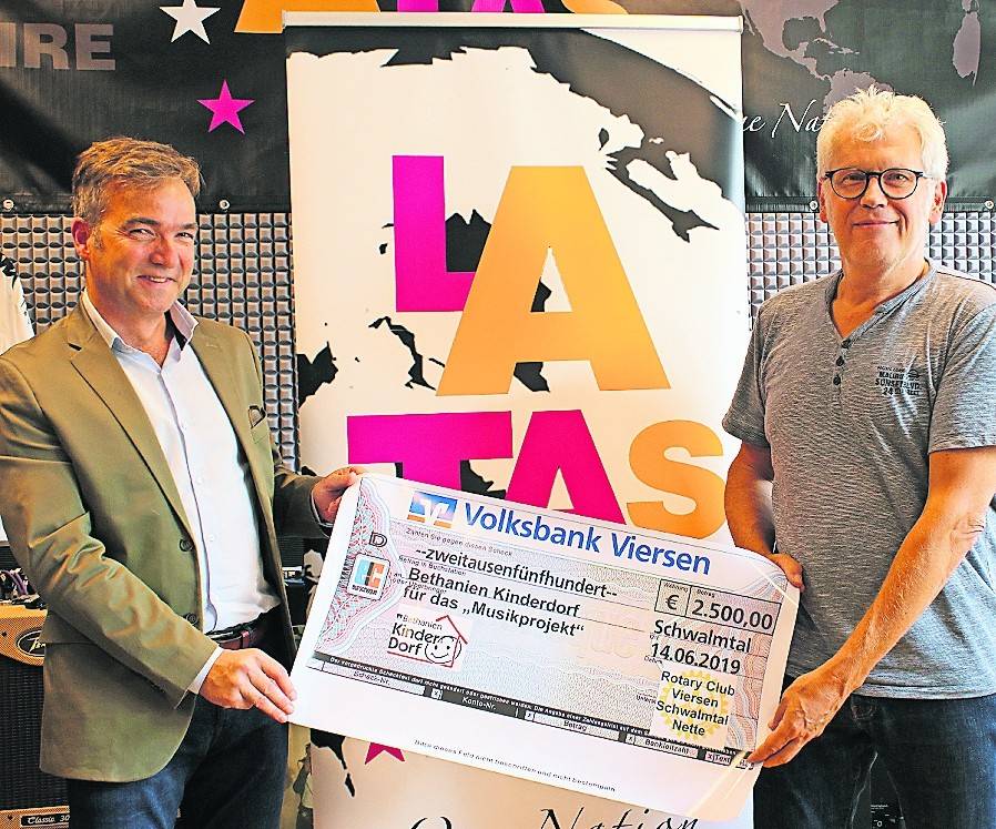  Christoph Hopp (li.) und Wolfhelm Ostendarp anlässlich der Spendenübergabe im Proberaum von La Taste. 