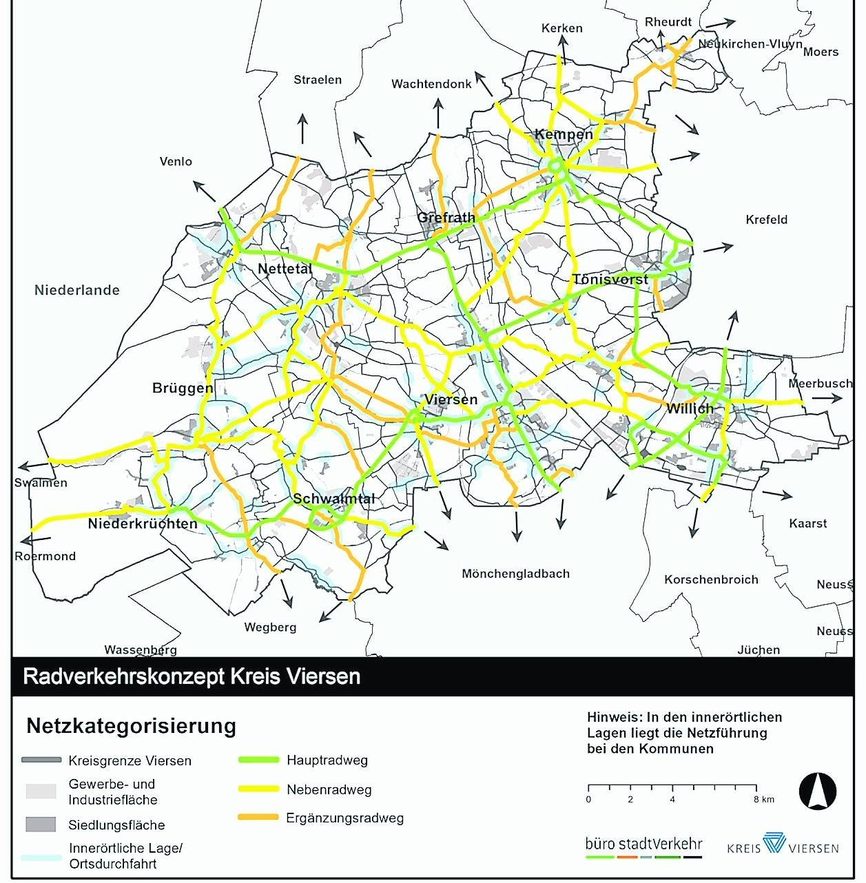  Im Rahmen der Workshops haben die Teilnehmer ein kreisweites Konzept für den Alltagsradverkehr zwischen den Ortsteilen der Städte und Gemeinden entwickelt, welches Haupt-, Neben- und Ergänzungsradwege definiert. Für diese Radwege wurden Maßnahmensteckbriefe entwickelt.Grafik: Kreis Viersen 