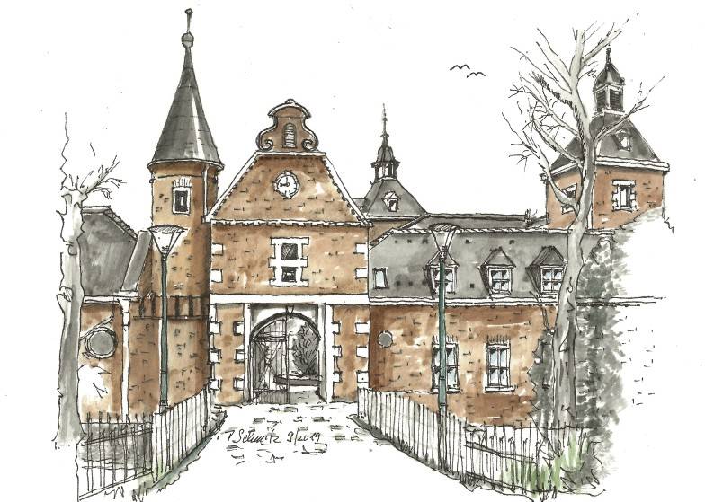  Eine Skizze von Peter Schmitz zeigt den Eingang zur Vorburg von Schloss Neersen – von der Hauptstraße aus gesehen. 