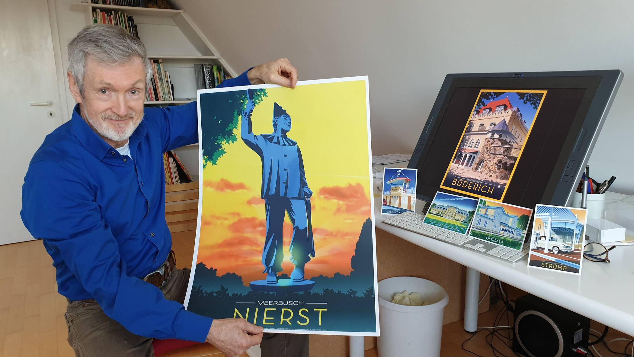   Der sympathische Grafiker David Norman aus Lank-Latum hat jetzt für jeden Ortsteil von Meerbusch ein eigenes Motiv entworfen. Ab dem 1. Januar wird es sie als Postkarten und als Poster geben. 