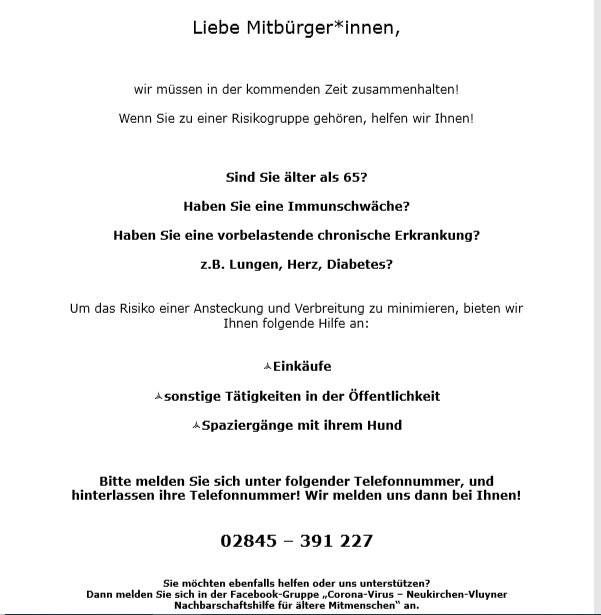 Scheuen Sie sich nicht, nach Hilfe zu fragen. Auf Facebook haben bereits viele Menschen angeboten, Einkäufe zu übernehmen. Wir haben für Sie auch Hilfsangebote rausgesucht, die Sie ohne Facebook kontaktieren können.