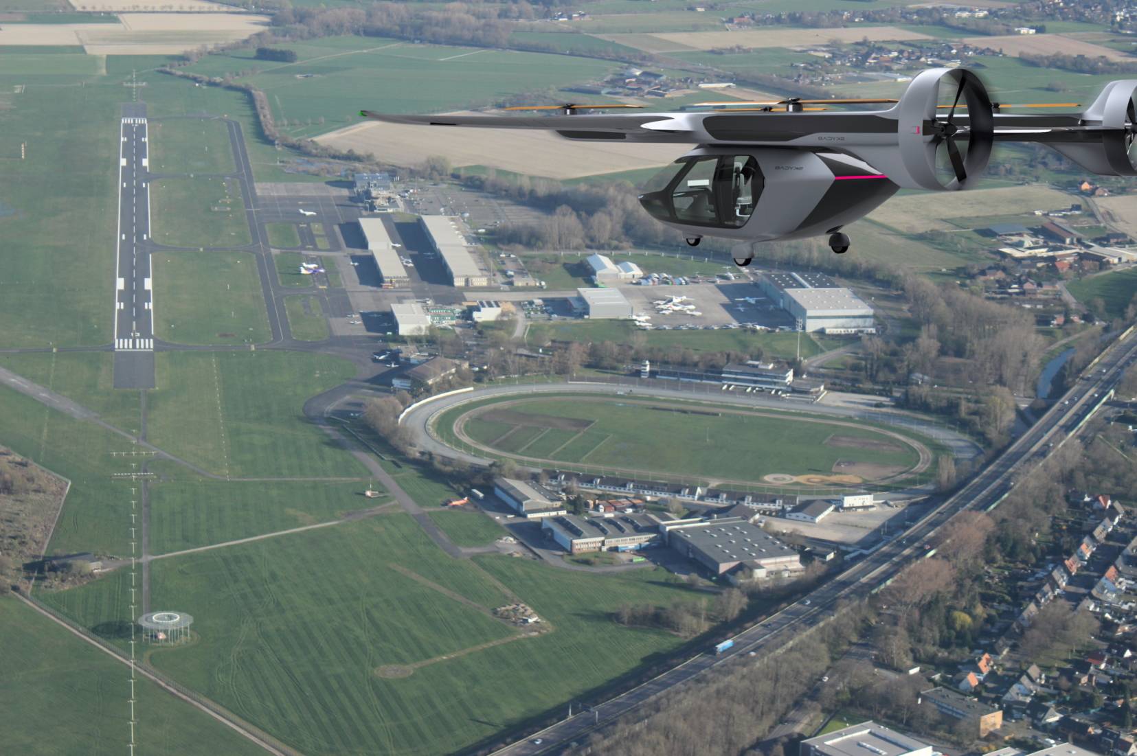 Sieht so die Zukunft aus? Das „SkyCab“ im Anflug auf den Airport Mönchengladbach. Hier soll bis 2022 ein Prototyp des Flugtaxis entwickelt werden. 