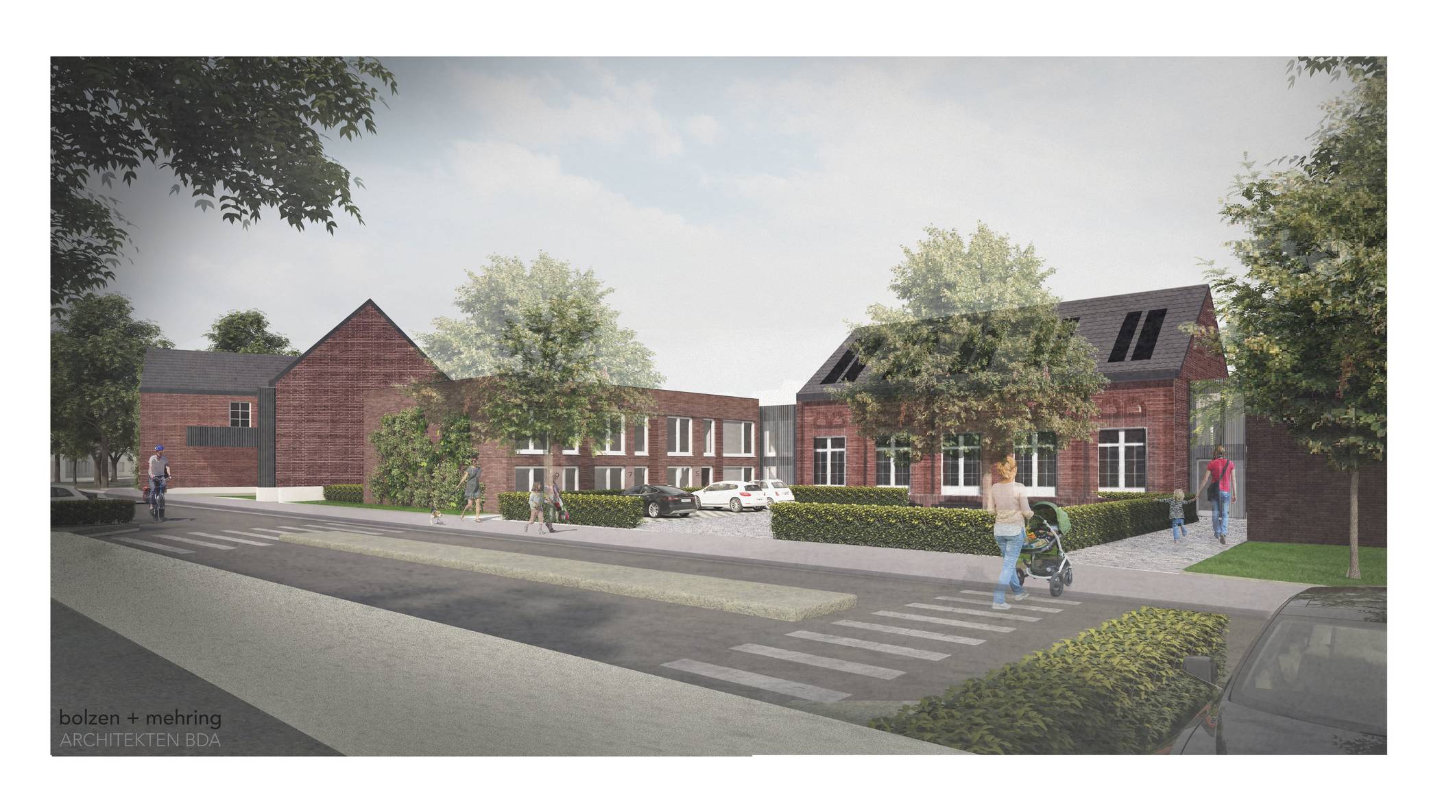 An der Friesenstraße in Giesenkirchen will die Kreisbau AG einen attraktiven Mix aus Neubauten und Wohnen in denkmalgeschützten Gebäuden realisieren. Grafik: bolzen + mehring