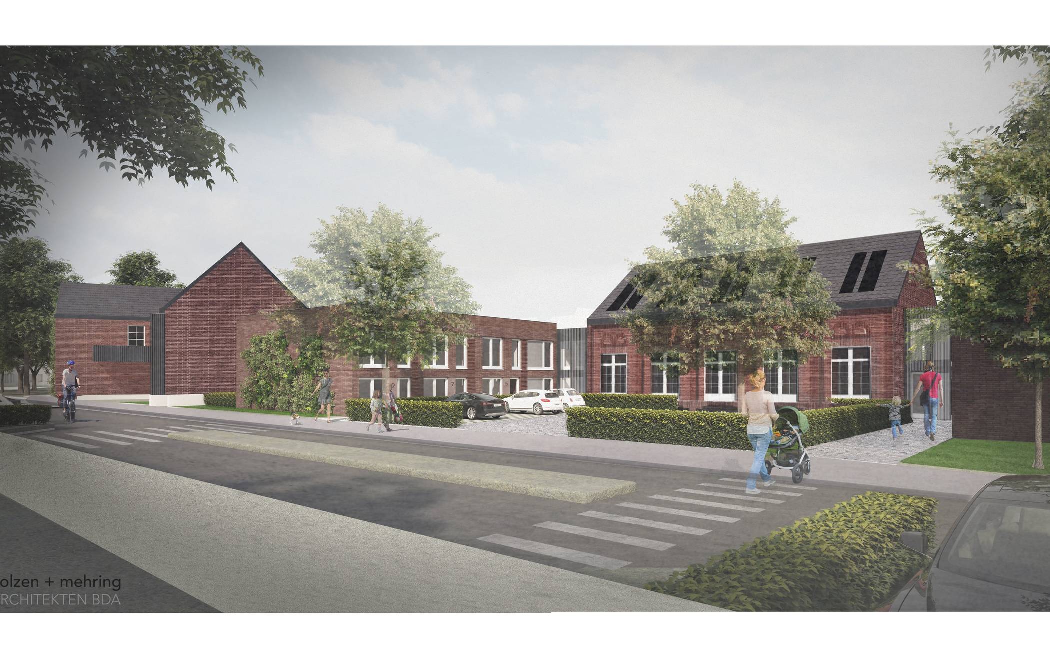 An der Friesenstraße in Giesenkirchen will die Kreisbau AG einen attraktiven Mix aus Neubauten und Wohnen in denkmalgeschützten Gebäuden realisieren. Grafik: bolzen + mehring