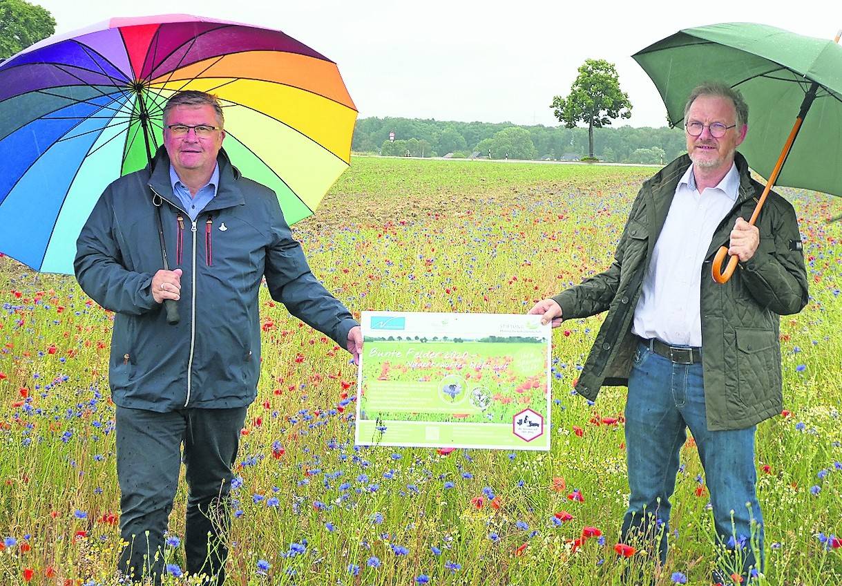  Freuen sich über die Blühstreifen und den wichtigen Regen, Bürgermeister Karl-Heinz Wassong (l.) und Paul-Christian Küskens, Vorsitzender der Kreisbauernschaft Krefeld Viersen. Auf dem Foto fehlt Jens Lübben, Projektleiter Stiftung Rheinische Kulturlandschaft. 