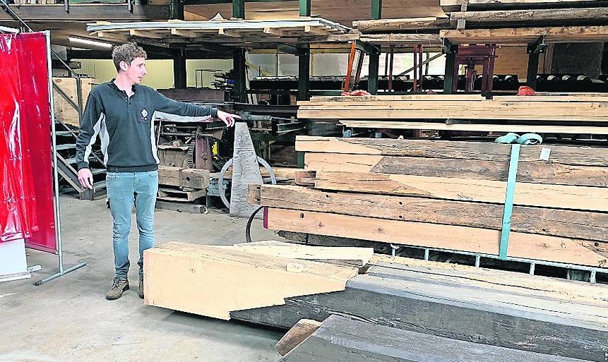 Mühlenbauer Max Beijk mit den Teilen der Narrenmühle.