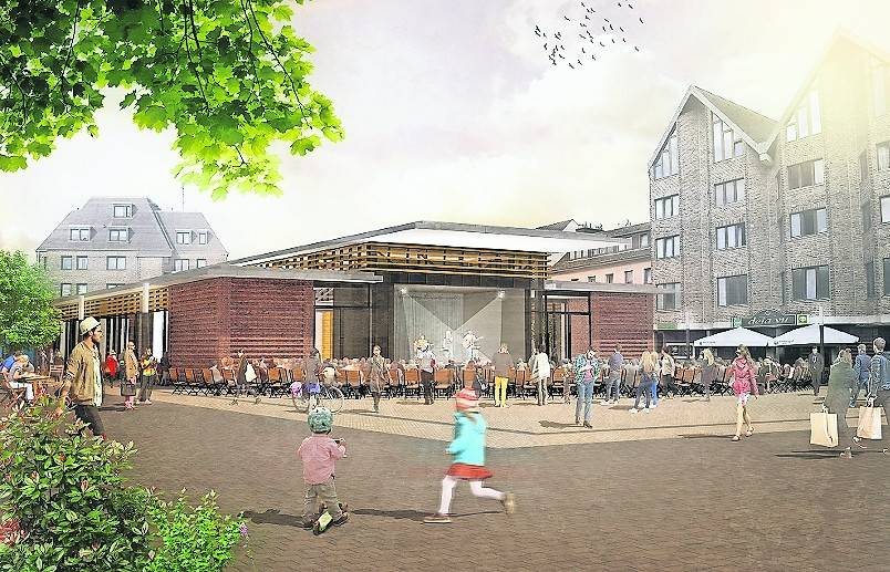 Symbolischer Spatenstich für die neue Markthalle mit WFMG-Geschäftsführer Dr. Ulrich Schückhaus, Planungsdezernent Dr. Gregor Bonin, Investor Jürgen Schiffer, Holger Brinkmann-Sahm, der designierten Markthallen-Geschäftsführerin Carolin Schiffer, Oberbürgermeister Hans Wilhelm Reiners und Architekt Fritz Otten (v. l.).