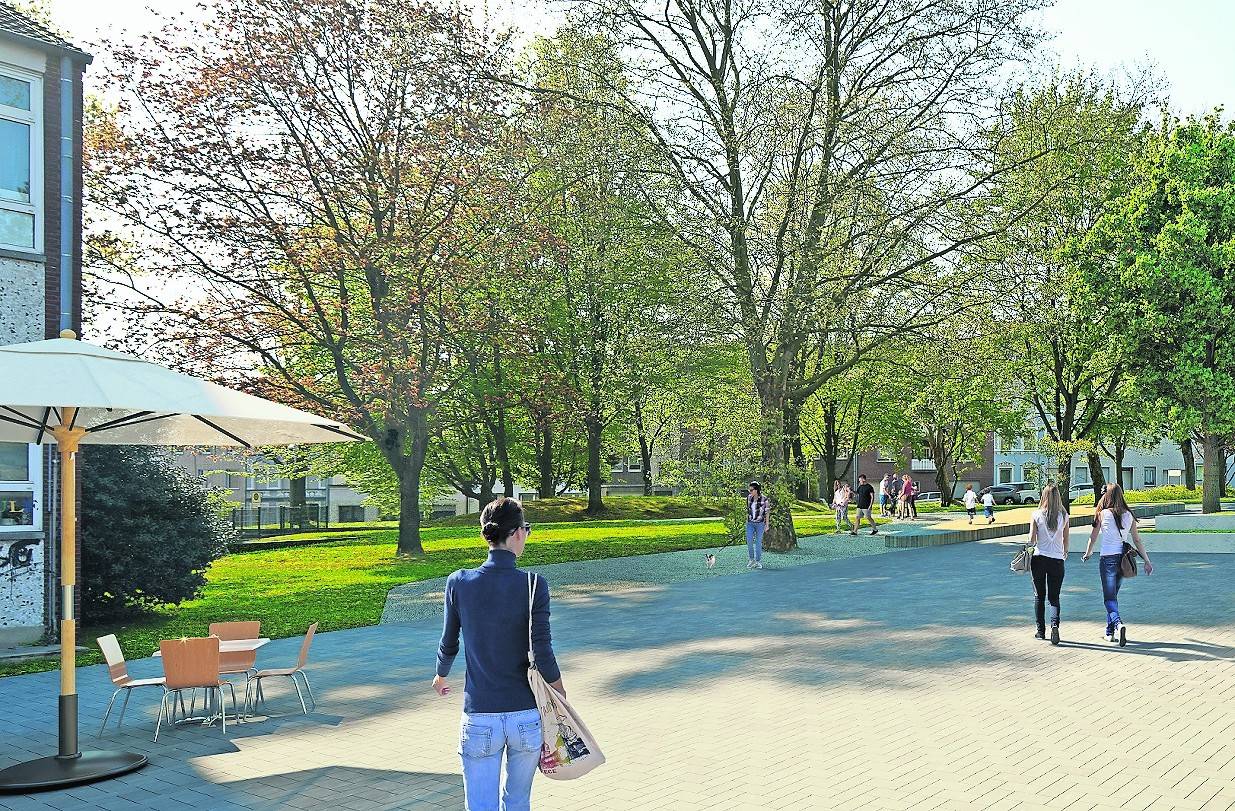  Die Alexianerstraße und der Platz vor dem Jugendclubhaus im Stadtteil Westend sollen bis 2022 zur Westend-Promenade umgestaltet werden. Grafiken: Stadt MG 