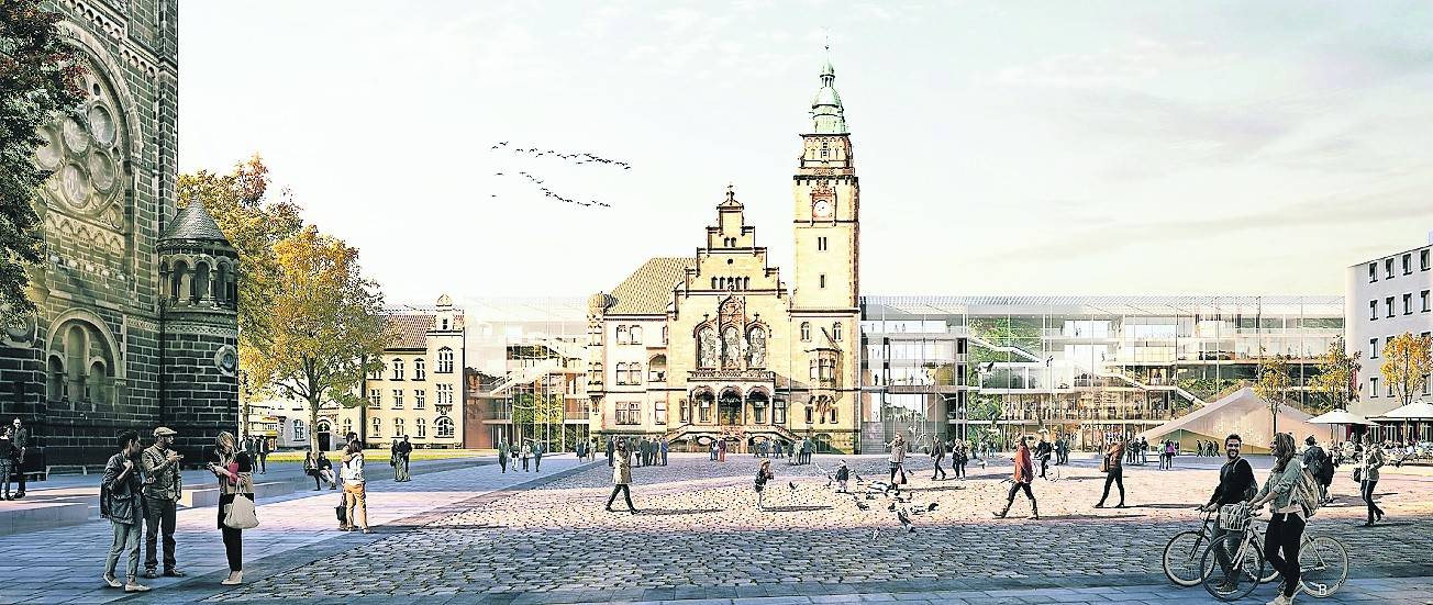 So soll das neue Rathaus der Zukunft aussehen, ein Entwurf der sop architekten GmbH Düsseldorf.Grafik: sop architekten