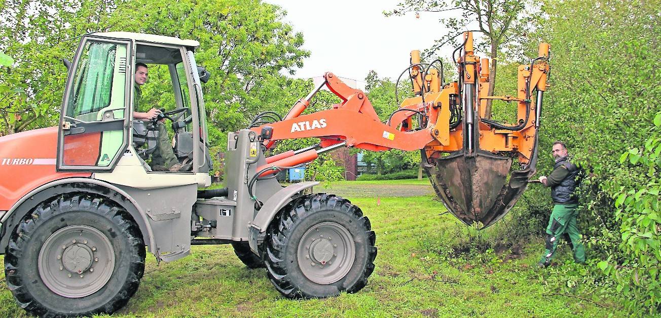  Mit einem Ballenstecher haben die beiden Baumschulgärtner-Gesellen Aziz Ramadan (r.) und Daniel Knorrs von der Baumschule Schubert die Apfelbäume umgesetzt. 