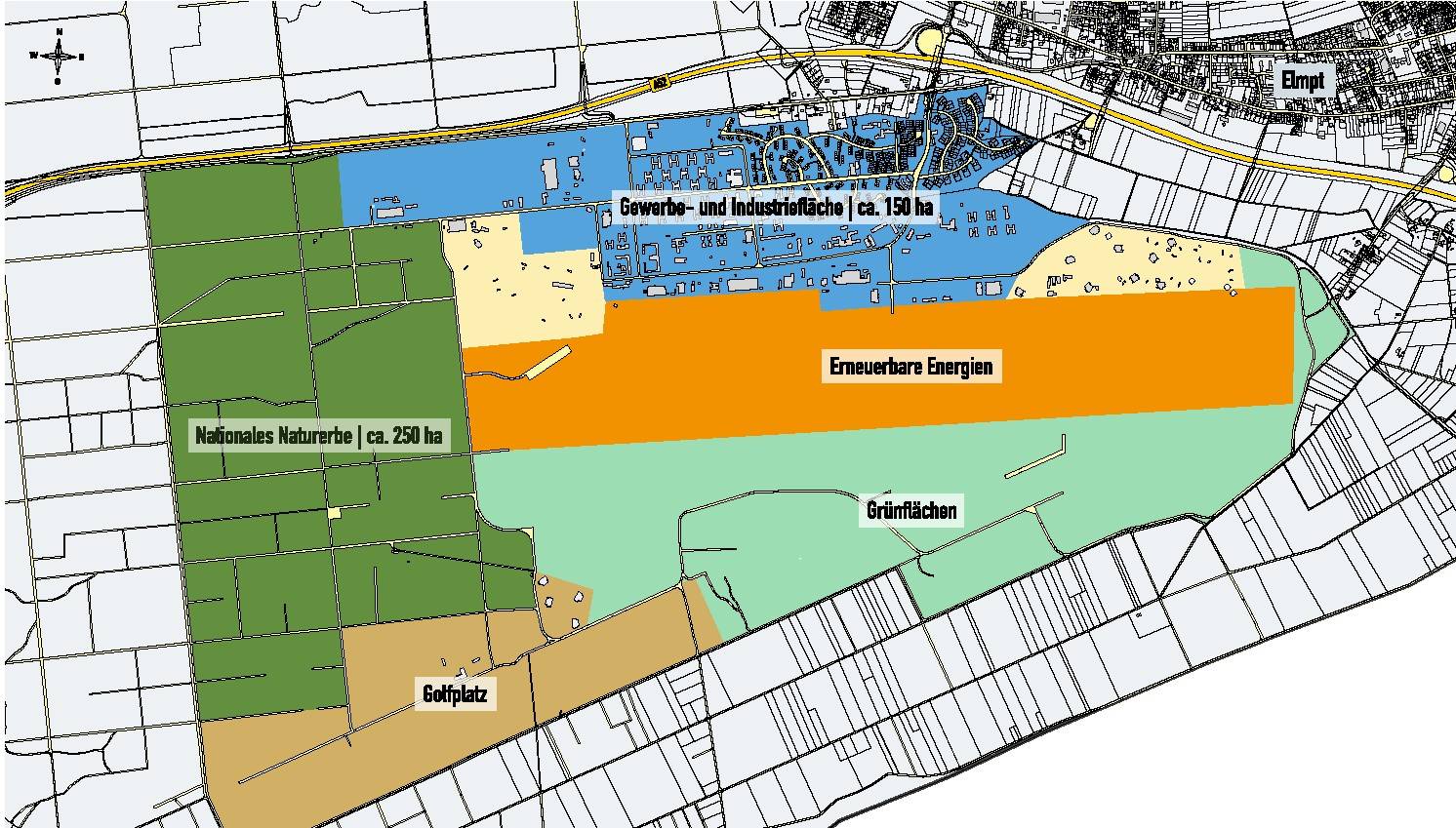 Der Logistik- und Leichtindustriepark (blau eingezeichnet) soll im nördlichen Teil des Geländes des ehemaligen Militärflughafens Elmpt entstehen.