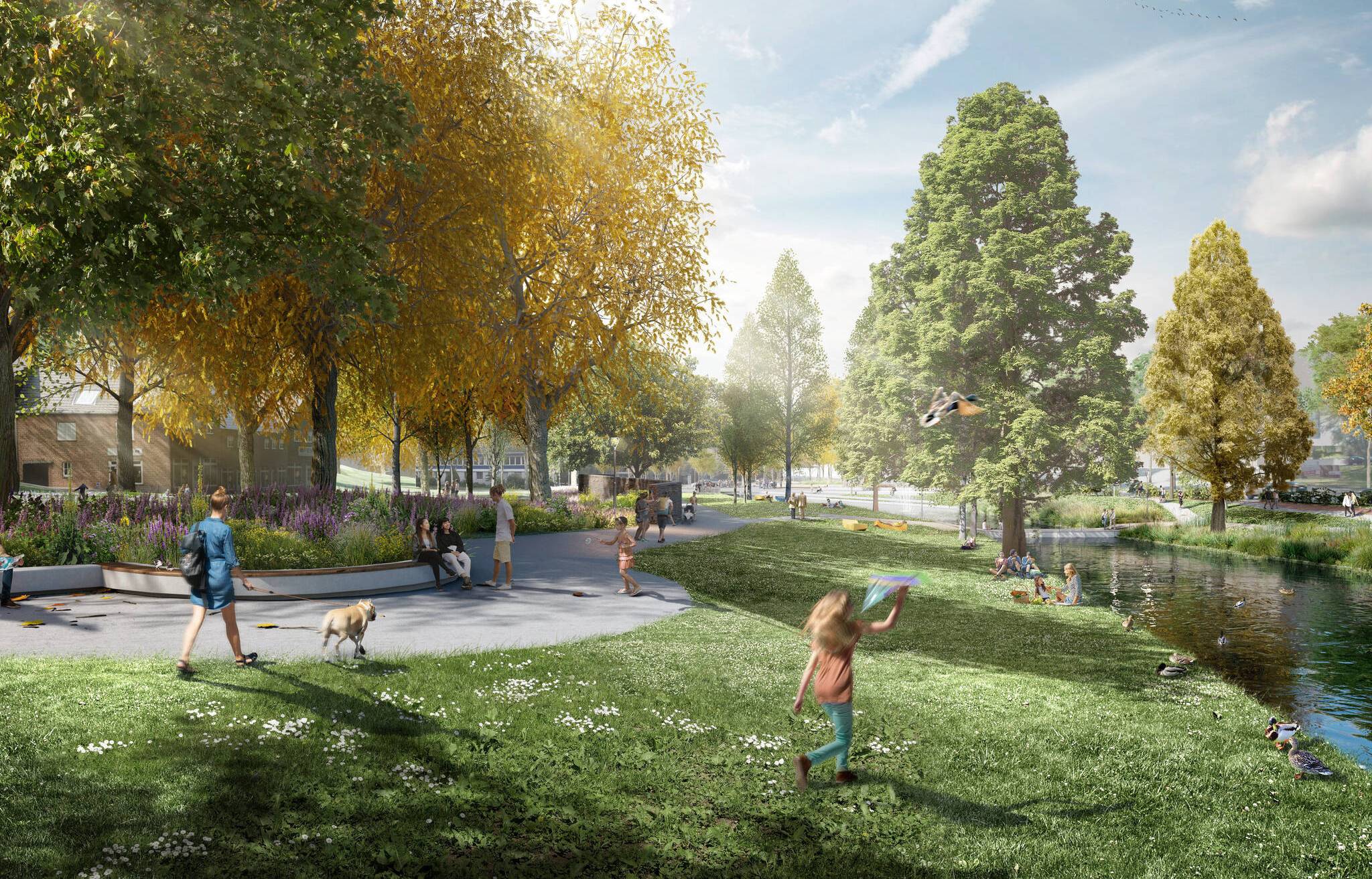 Mehr Aufenthaltsqualität durch eine Neugestaltung des Geroparks – eine Visualisierung des Architekturbüros WES Landschaftsarchitekten. 